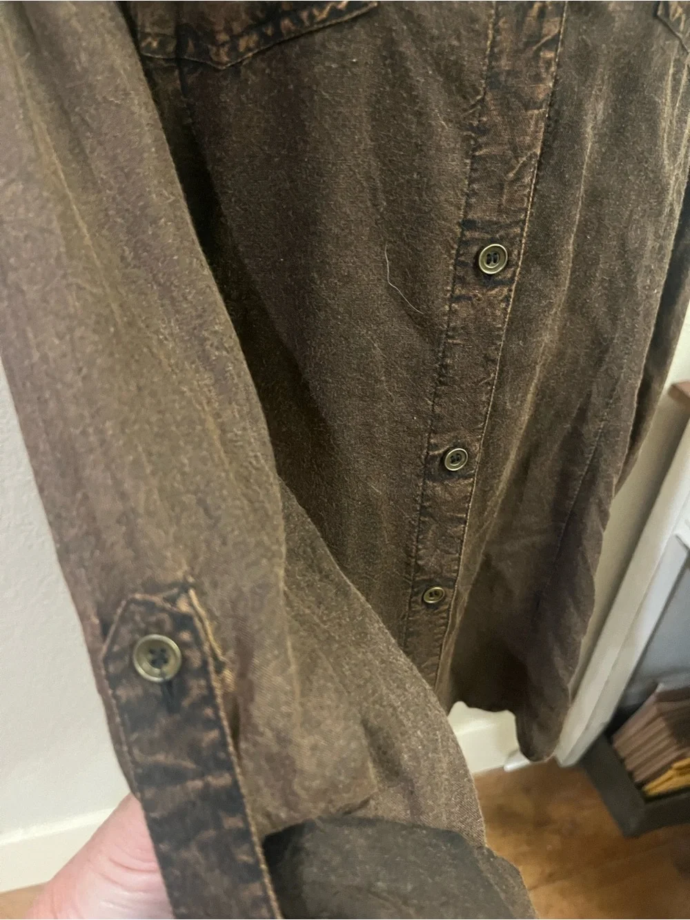 Emma G brown, long-sleeve embroidered button-down utility tunic shirt